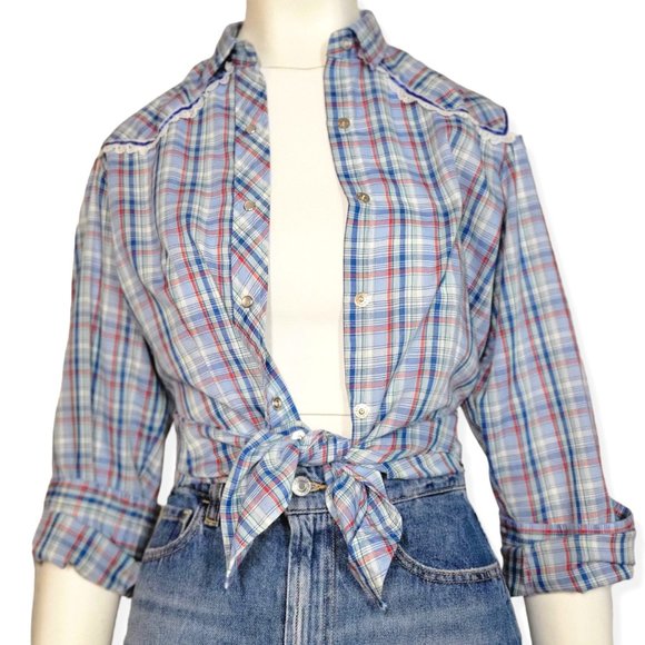 VINTAGE WRANGLER 1980s Plaid Pearl Snap Button Up Western Shirt Blue - Picture 1 of 10